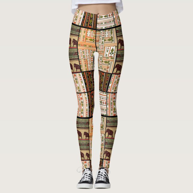 African Patchwork Elephants: Ornamental Texture Leggings (Front)