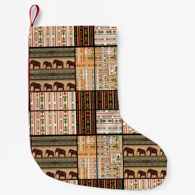 African Patchwork Elephants: Ornamental Texture Small Christmas Stocking (Front)