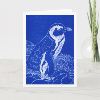 African Penguin Blue Linocut Greeting Card