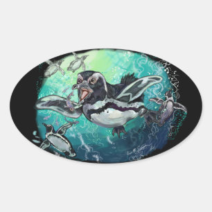 African Penguin Fishy Feast Oval Sticker