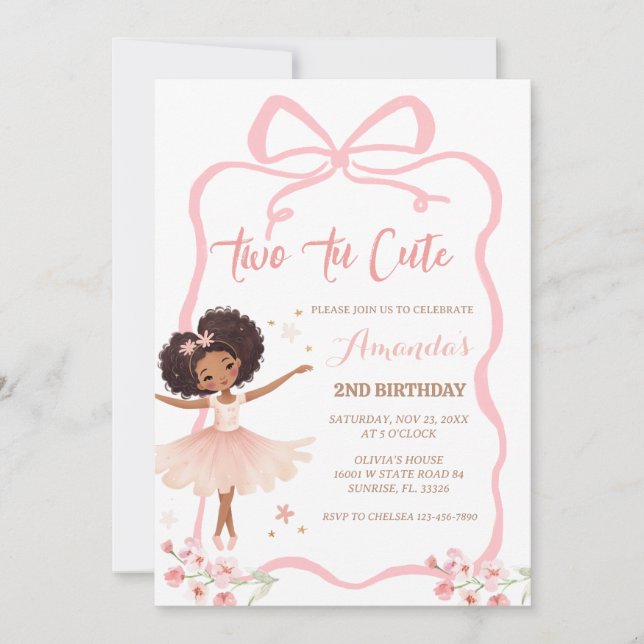 African Pink Ballerina Two Tu Cute 2nd Birthday  Invitation (Front)