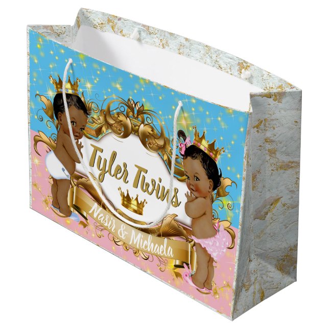 African Prince/Princess Pink/Blue Gold Sparkles Large Gift Bag (Back Angled)