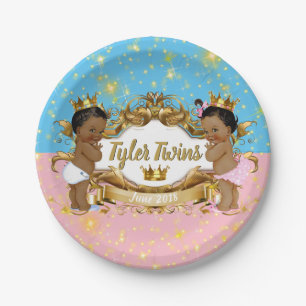 African Prince/Princess Pink/Blue & Gold Sparkles Paper Plate