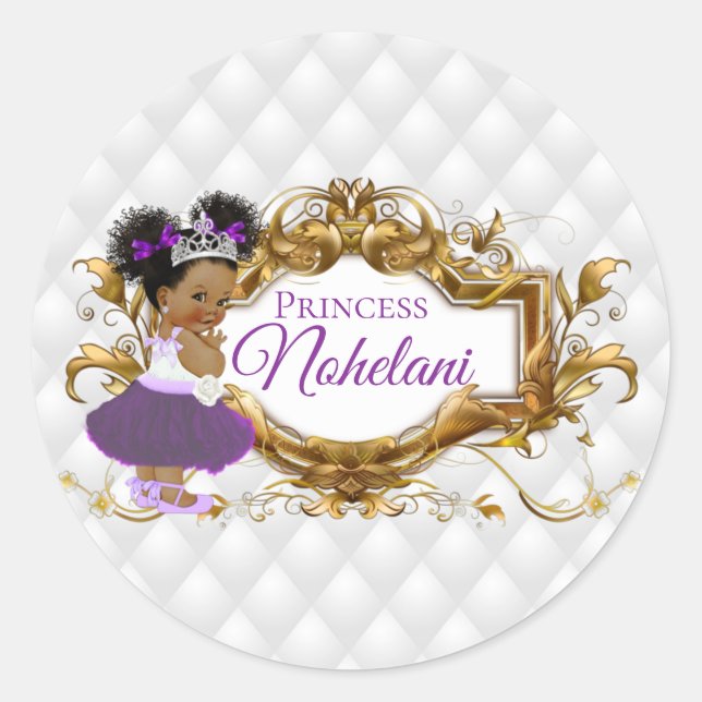 African Princess Purple | White & Gold Elegant Classic Round Sticker (Front)