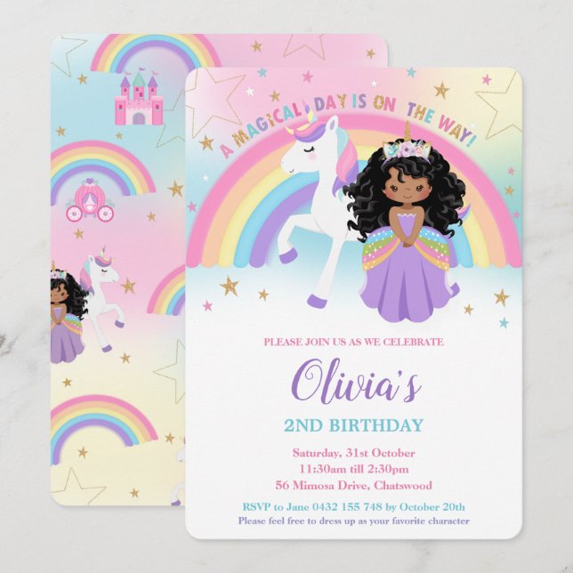 African Princess Unicorn Birthday Party Rainbow    Invitation (Front/Back)