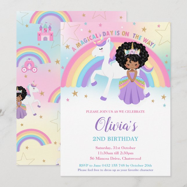 African Princess Unicorn Birthday Party Rainbow    Invitation (Front/Back)