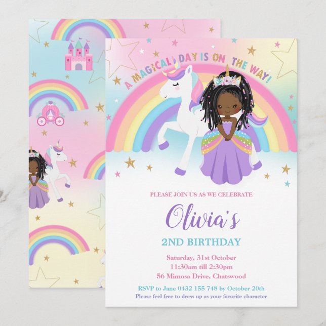 African Princess Unicorn Birthday Party Rainbow   Invitation (Front/Back)
