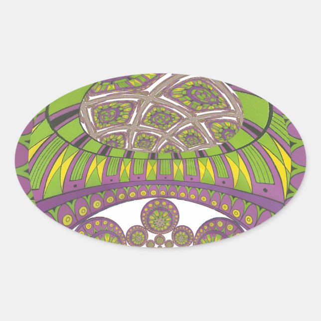 African Purple and Yellow Kaleidoscope Traditional Oval Sticker (Front)