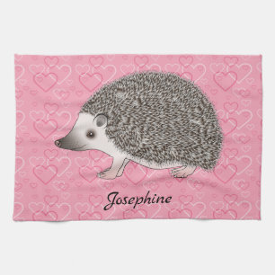 African Pygmy Hedgehog On Pink Heart Pattern Tea Towel