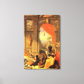 African Queen and Son with Lion in Palace Canvas Print