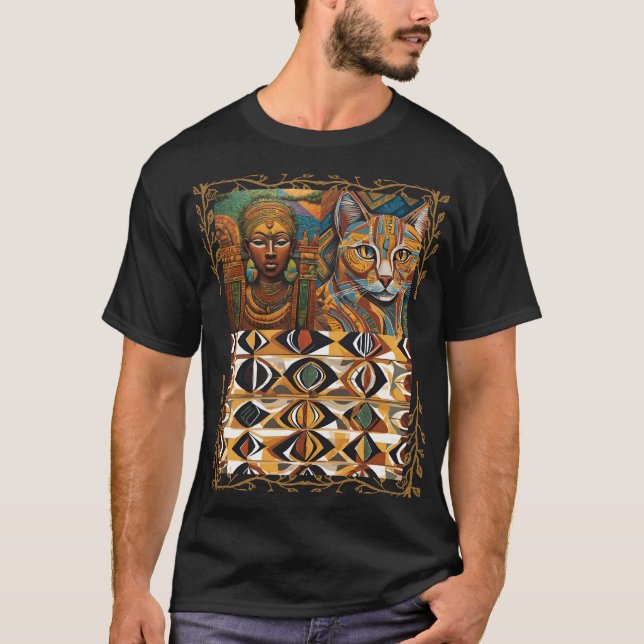 African Queen & Cat Geometric Tribal Art Tee (Front)
