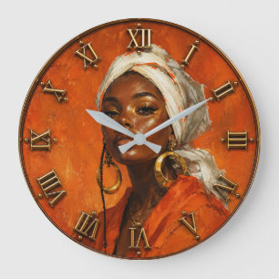African Queen Vibrant Orange Portrait Art Large Clock