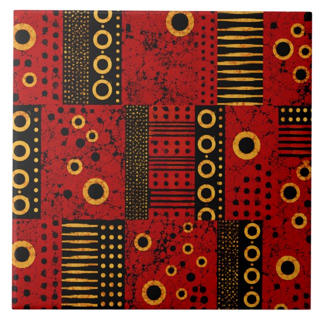 African Red Sunburst Tribal Patchwork Decorative Tile (Front)
