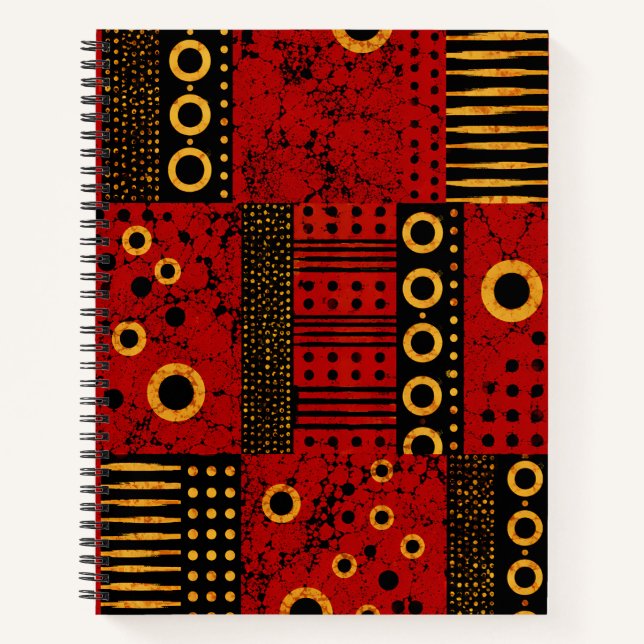 African Red Sunburst Tribal Patchwork Spiral  Notebook (Front)