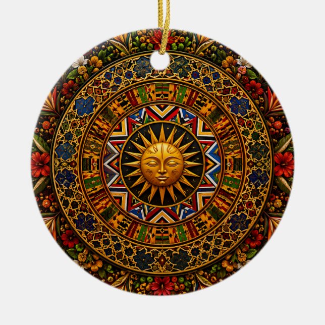 African Sacred Geometry Mandala — Kente Ndebele  Ceramic Tree Decoration (Front)