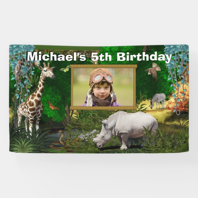 African safari animals woodland zoo birthday photo banner (Horizontal)