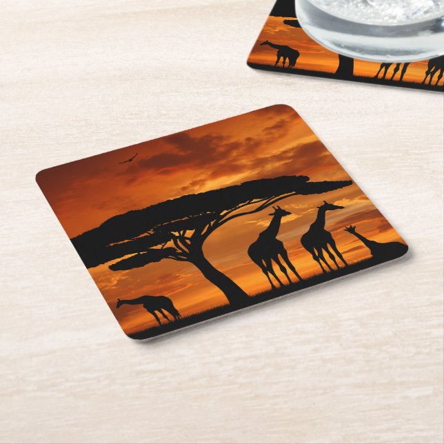African Safari at Sunset Square Paper Coaster (Angled)