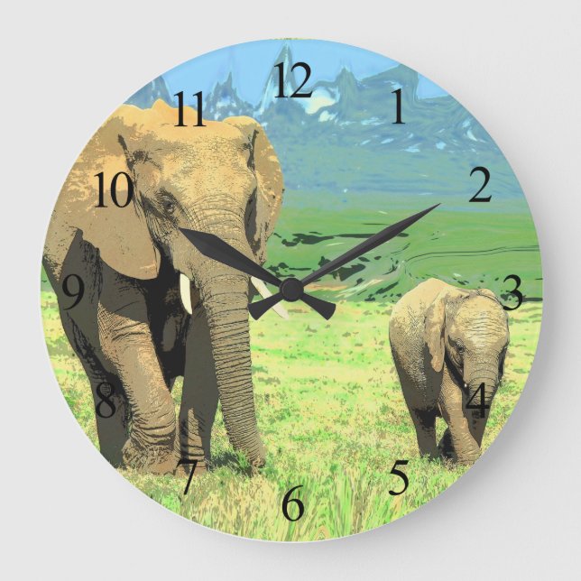 African Safari Elephants  Large Clock (Front)