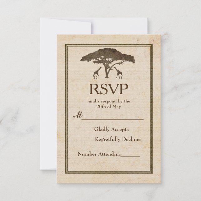 African Safari Giraffes Tree Vintage Wedding RSVP (Front)