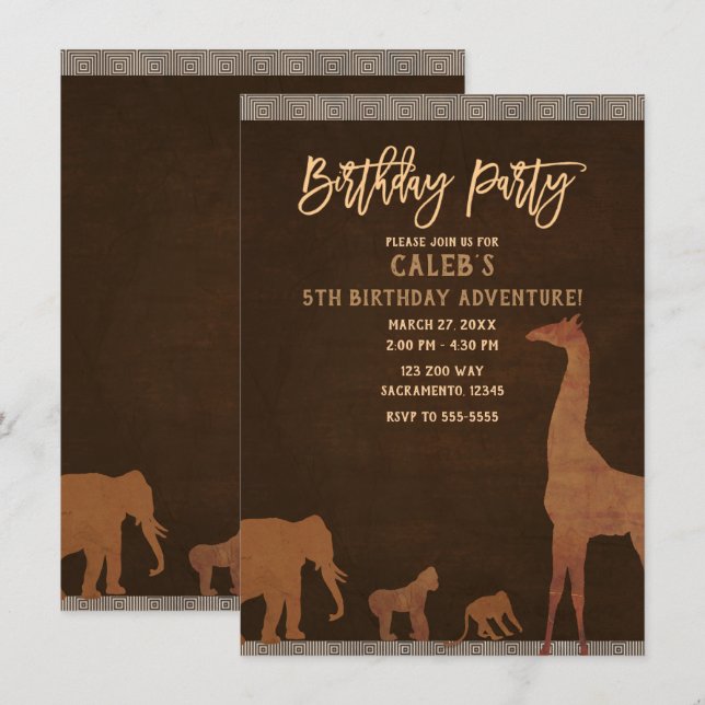 African Safari Jungle Zoo Brown Birthday Party Invitation (Front/Back)
