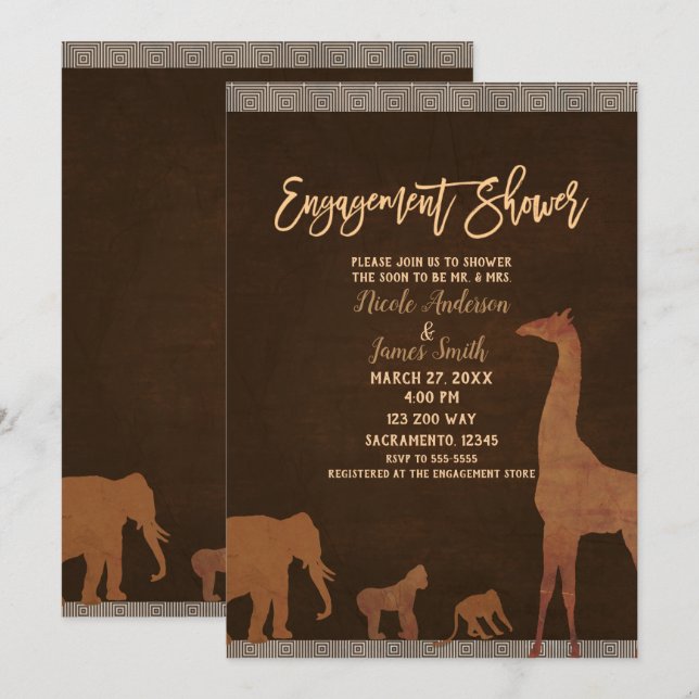 African Safari Jungle Zoo Brown Engagement Shower Invitation (Front/Back)
