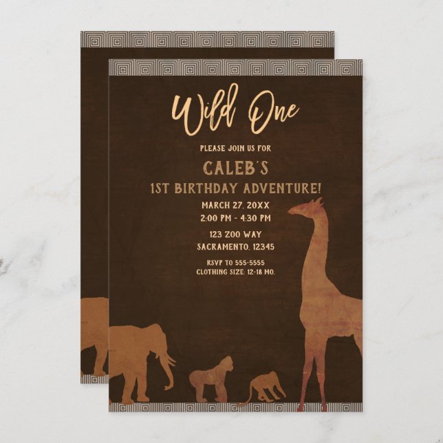 African Safari Jungle Zoo Brown WILD ONE 1st Party Invitation (Front/Back)