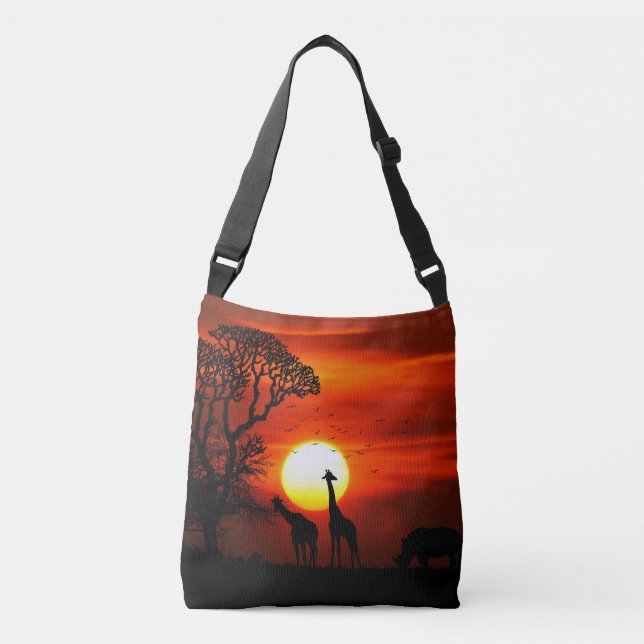 African Safari Sunset Animal Silhouettes Crossbody Bag (Front)