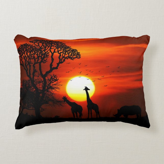 African Safari Sunset Animal Silhouettes Decorative Cushion (Front)