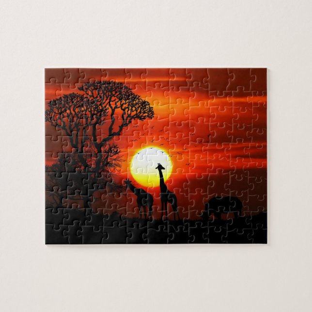 African Safari Sunset Animal Silhouettes Jigsaw Puzzle (Horizontal)