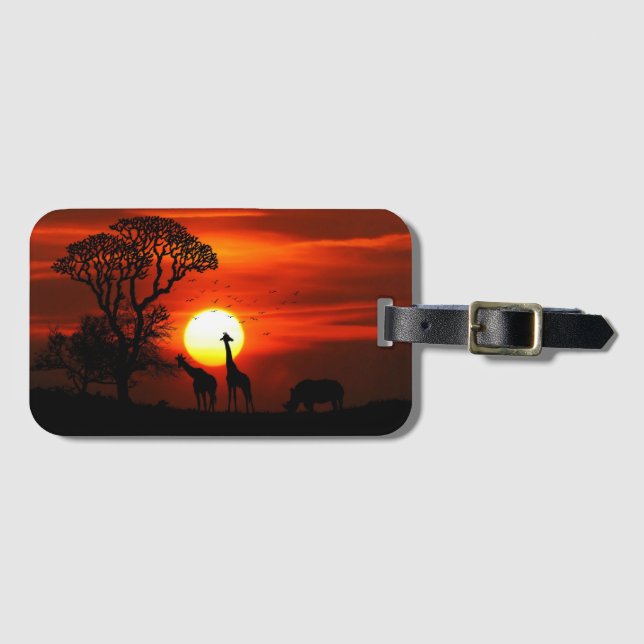 African Safari Sunset Animal Silhouettes Luggage Tag (Front Horizontal)