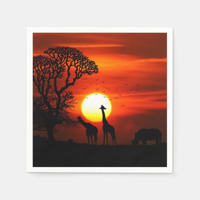 African Safari Sunset Animal Silhouettes Napkin (Front)