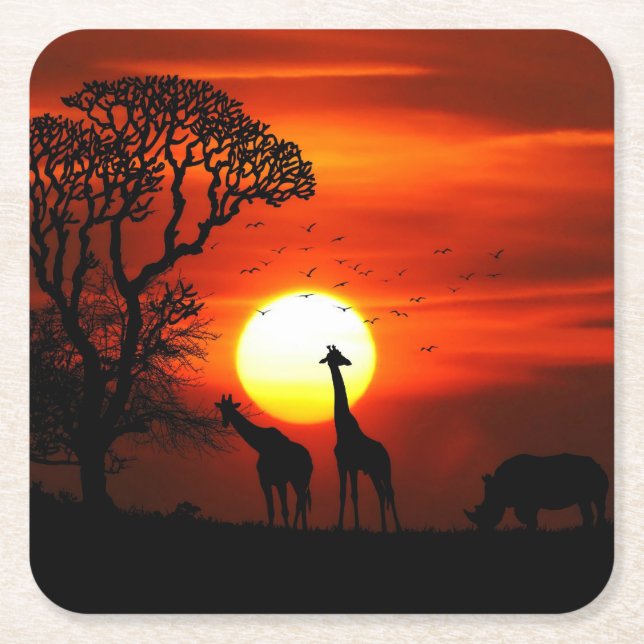 African Safari Sunset Animal Silhouettes Square Paper Coaster (Front)