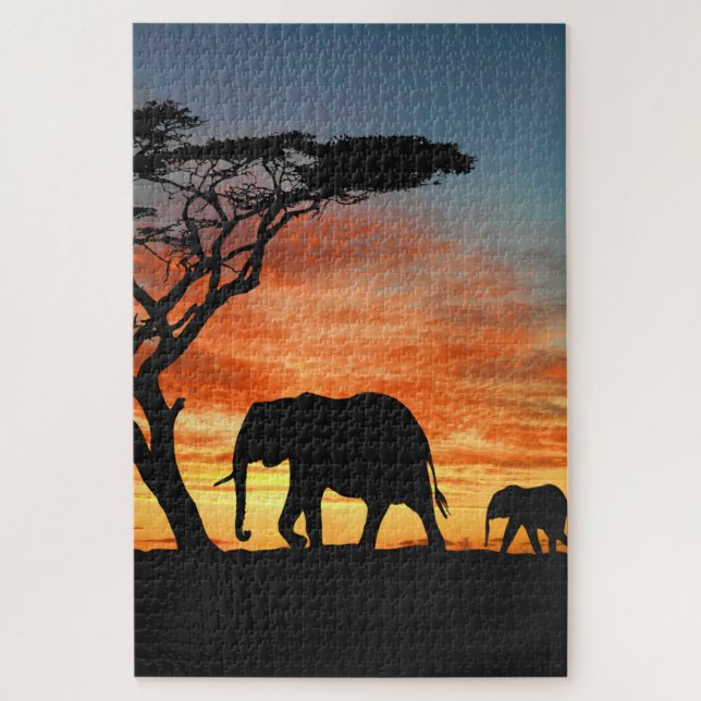 African Safari Sunset Elephant Silhouette Art Jigsaw Puzzle (Vertical)