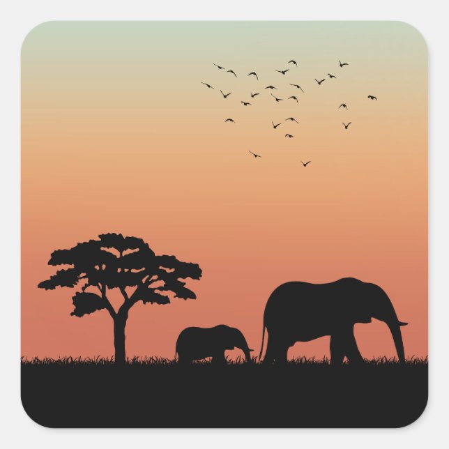 African Safari Sunset Elephant Silhouette Square Sticker (Front)