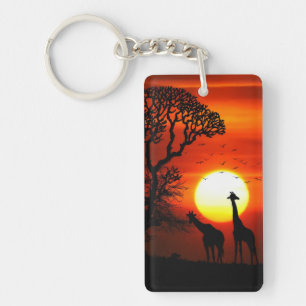 African Safari Sunset Giraffe Silhouettes Key Ring