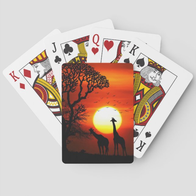 African Safari Sunset Giraffe Silhouettes Playing Cards (Back)