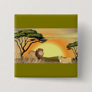 African Safari Sunset Lion and Lioness 15 Cm Square Badge
