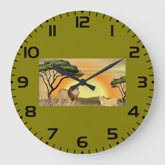 African Safari Sunset Lion and Lioness Large Clock (Front)