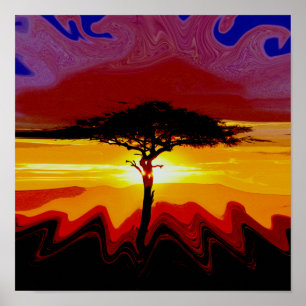 African Safari Sunset Tree Poster