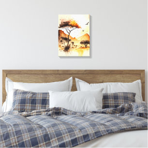 African Safari Sunset Watercolor with Acacia Tree  Canvas Print