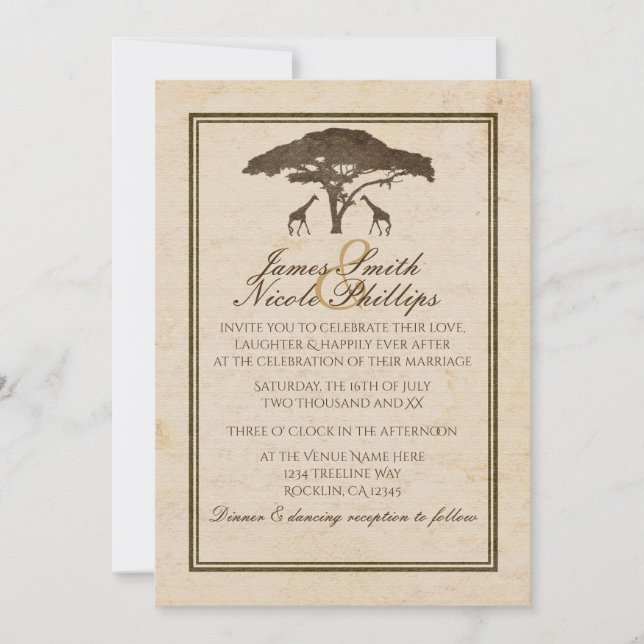African Safari Two Giraffes & Tree Vintage Wedding Invitation (Front)