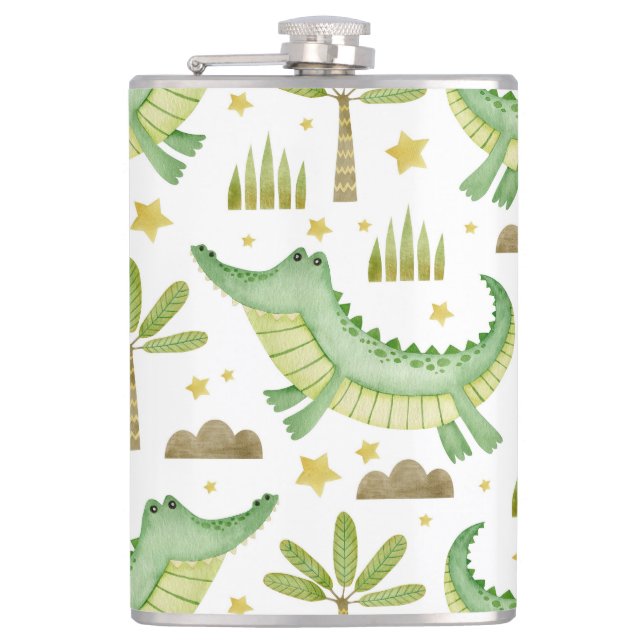 African Safari: Watercolor Crocodile & Palm Trees Hip Flask (Front)