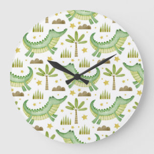 African Safari: Watercolor Crocodile & Palm Trees Large Clock