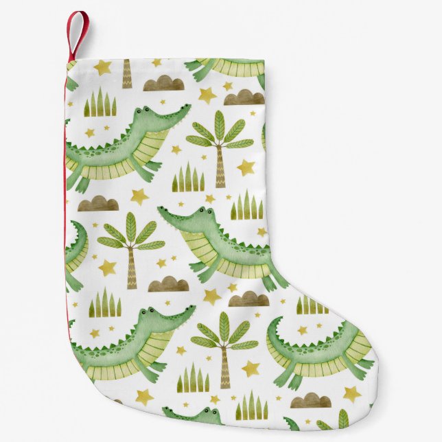 African Safari: Watercolor Crocodile & Palm Trees Small Christmas Stocking (Front)