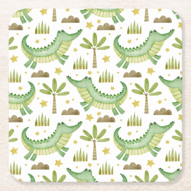 African Safari: Watercolor Crocodile & Palm Trees Square Paper Coaster (Front)