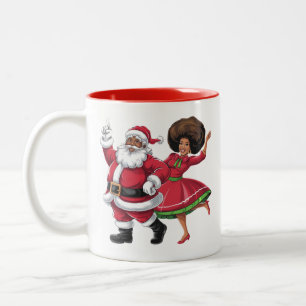 African Santa Mrs Claus Dancing American Christmas Two-Tone Coffee Mug