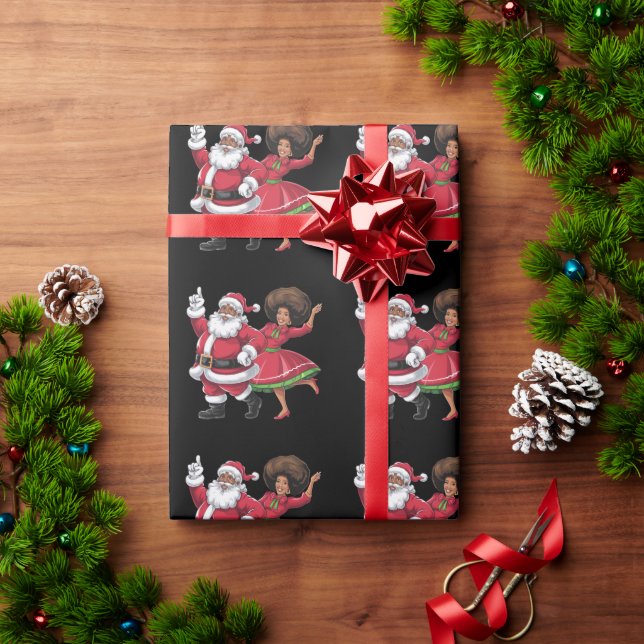 African Santa Mrs Claus Dancing American Christmas Wrapping Paper (Holiday Gift)
