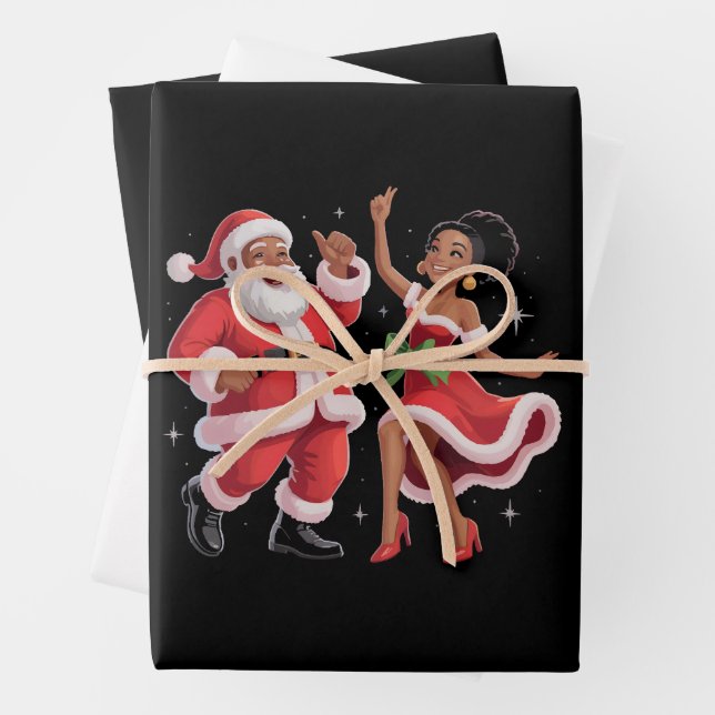 African Santa Mrs Claus Dancing American Christmas Wrapping Paper Sheet (In situ)
