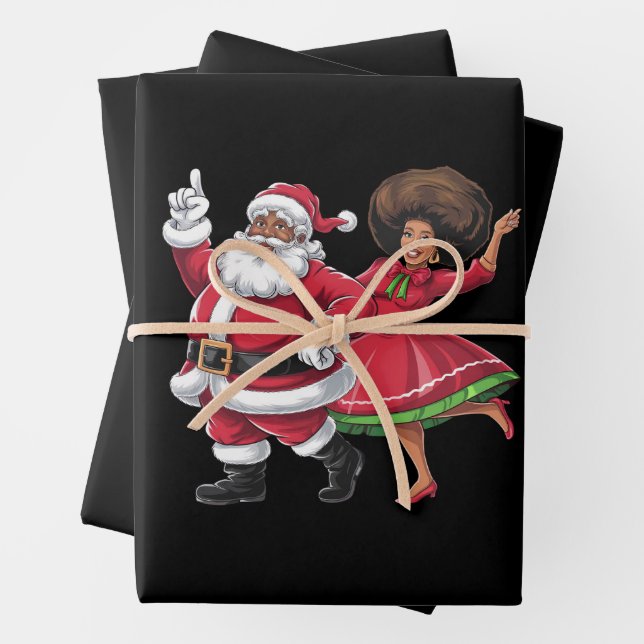 African Santa Mrs Claus Dancing American Christmas Wrapping Paper Sheet (In situ)