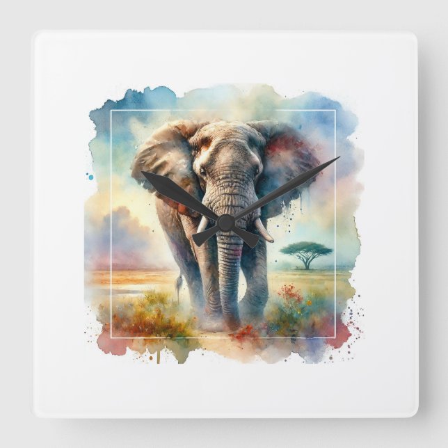 African Savanna Elephant 140724AREF113 - Watercolo Square Wall Clock (Front)